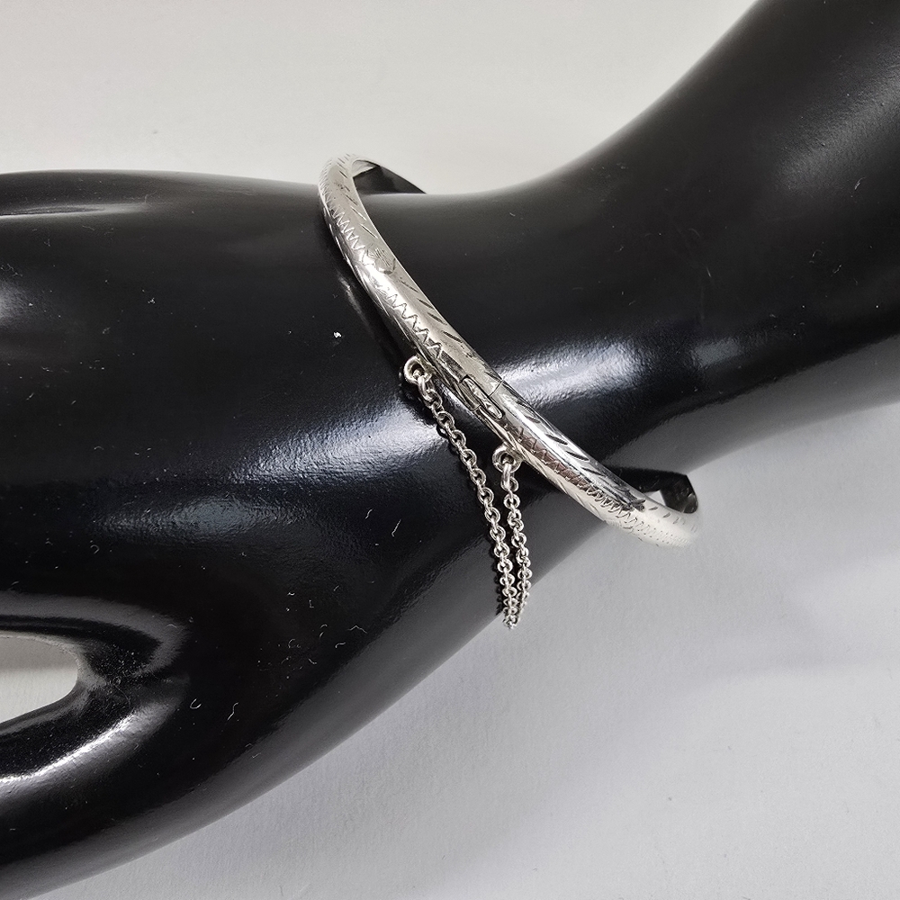 Vintage Sterling Silver 925 Bangle Bracelet with Safety Chain
